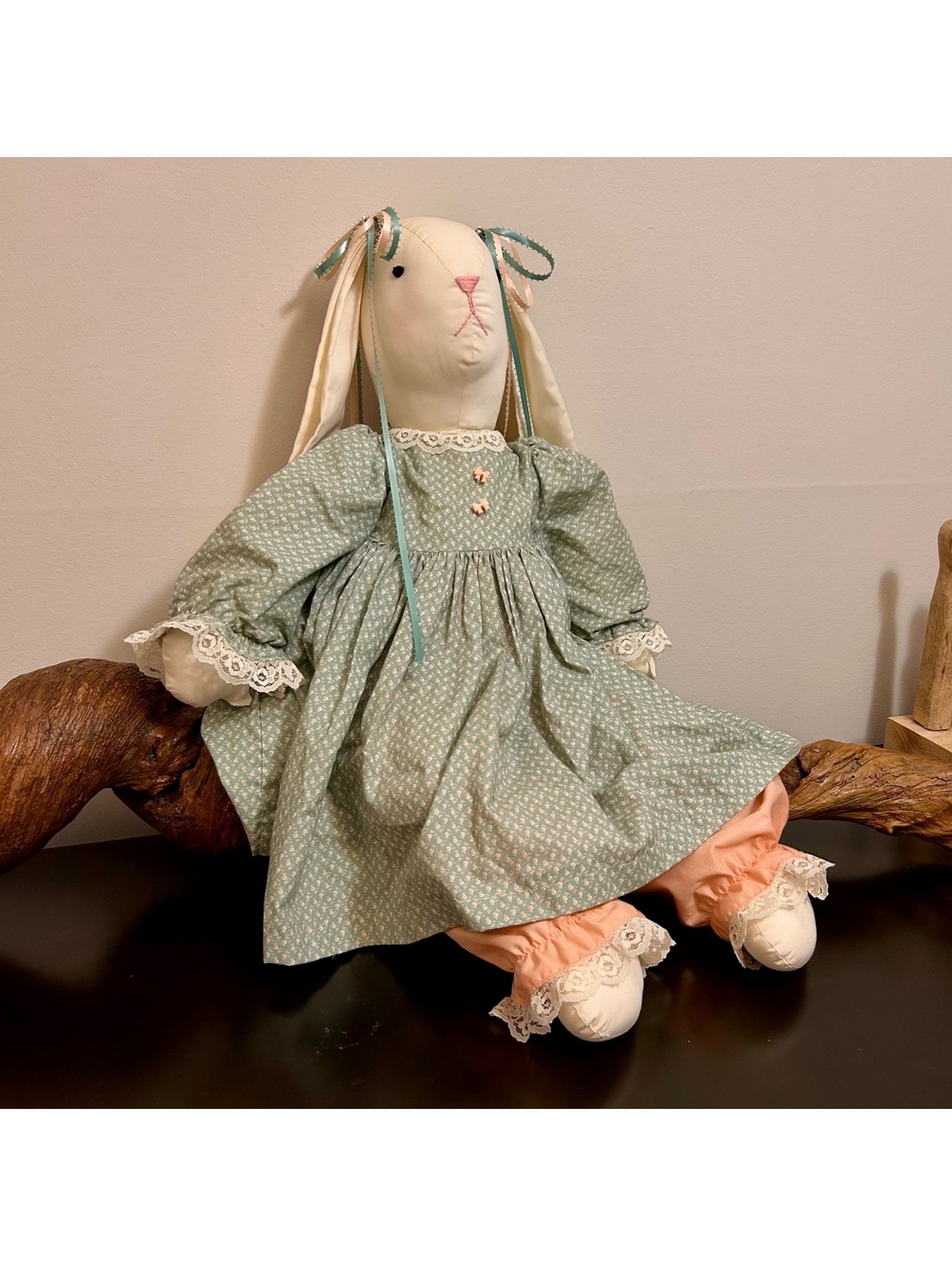 Handmade Bunny Rabbit Doll 26" Cottagecore Prairie Dress Folk Art Easter Decor